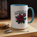 Mommy Coffee Mug, Pink Rose and Teal Leaf Design with Silver Look Lettering, Mother's Day Gift for Mom or a Floral Birthday Present for Her