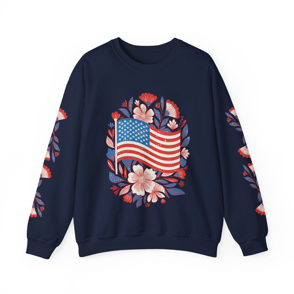 Floral American Flag Sweatshirt, Patriotic USA Pullover, Red White Blue Flower Top, Fourth of July Outfit, Americana Gift for Women