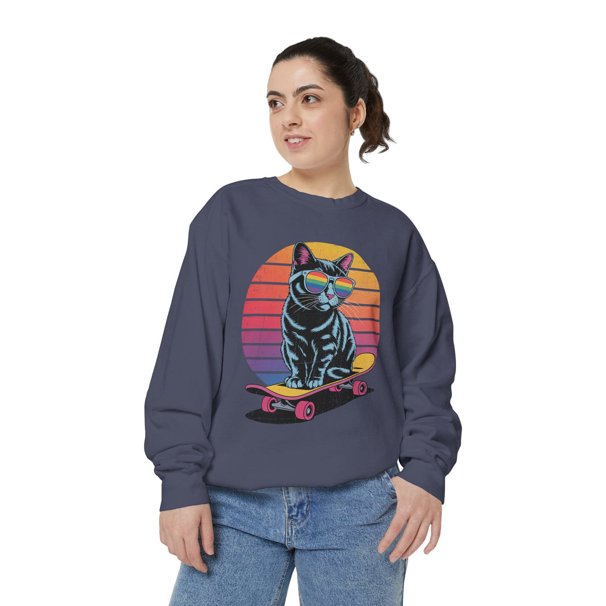 Retro Skateboard Cat Sweatshirt, Rainbow Sunglasses Kitty Crewneck, Funny Cat Lover Gift, Vintage Skater Graphic Cozy Pullover Top