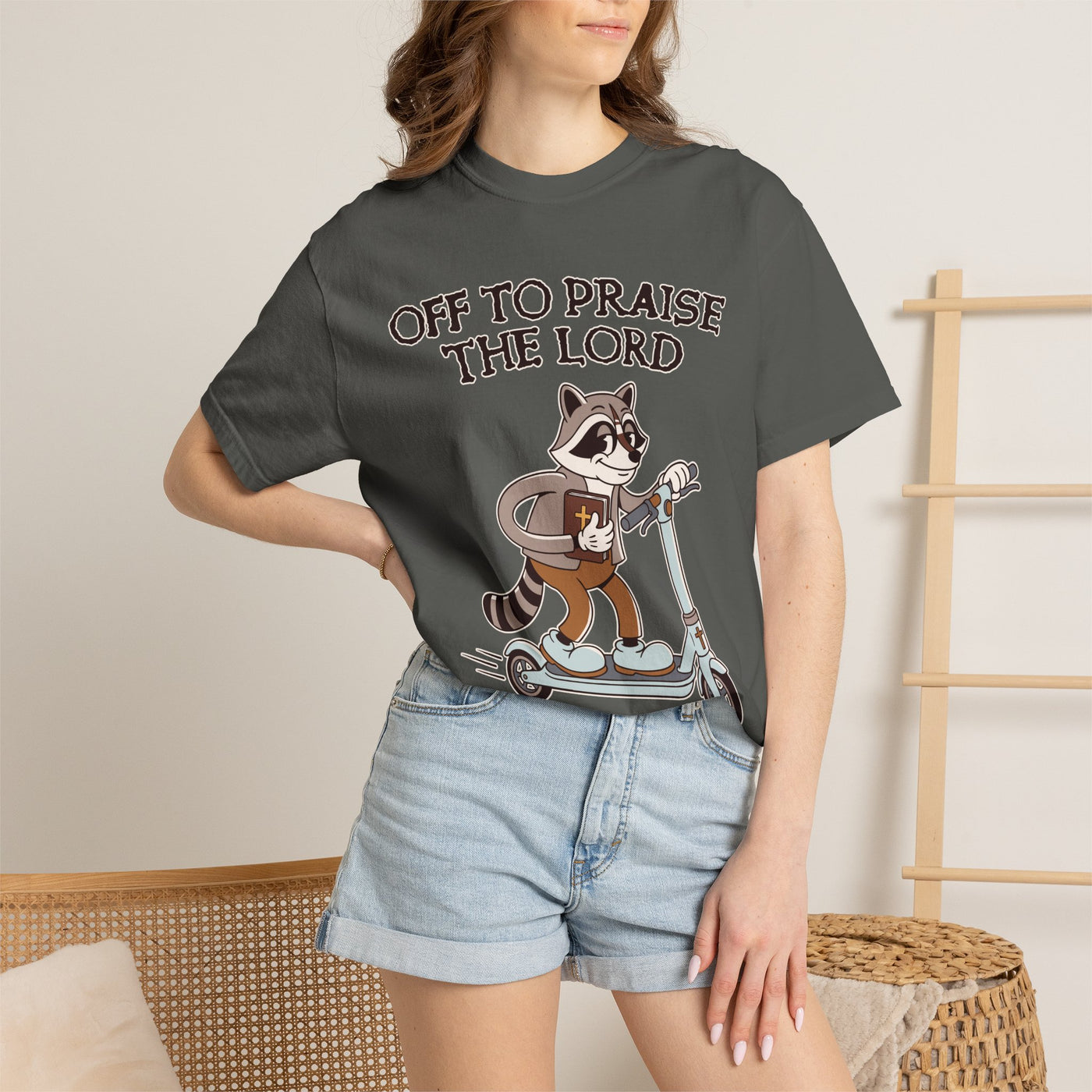 Funny Christian Comfort Colors Shirt, Off to Praise the Lord Raccoon Tee, Cute Faith Based Graphic Tee, Trendy Christian Shirt for Women