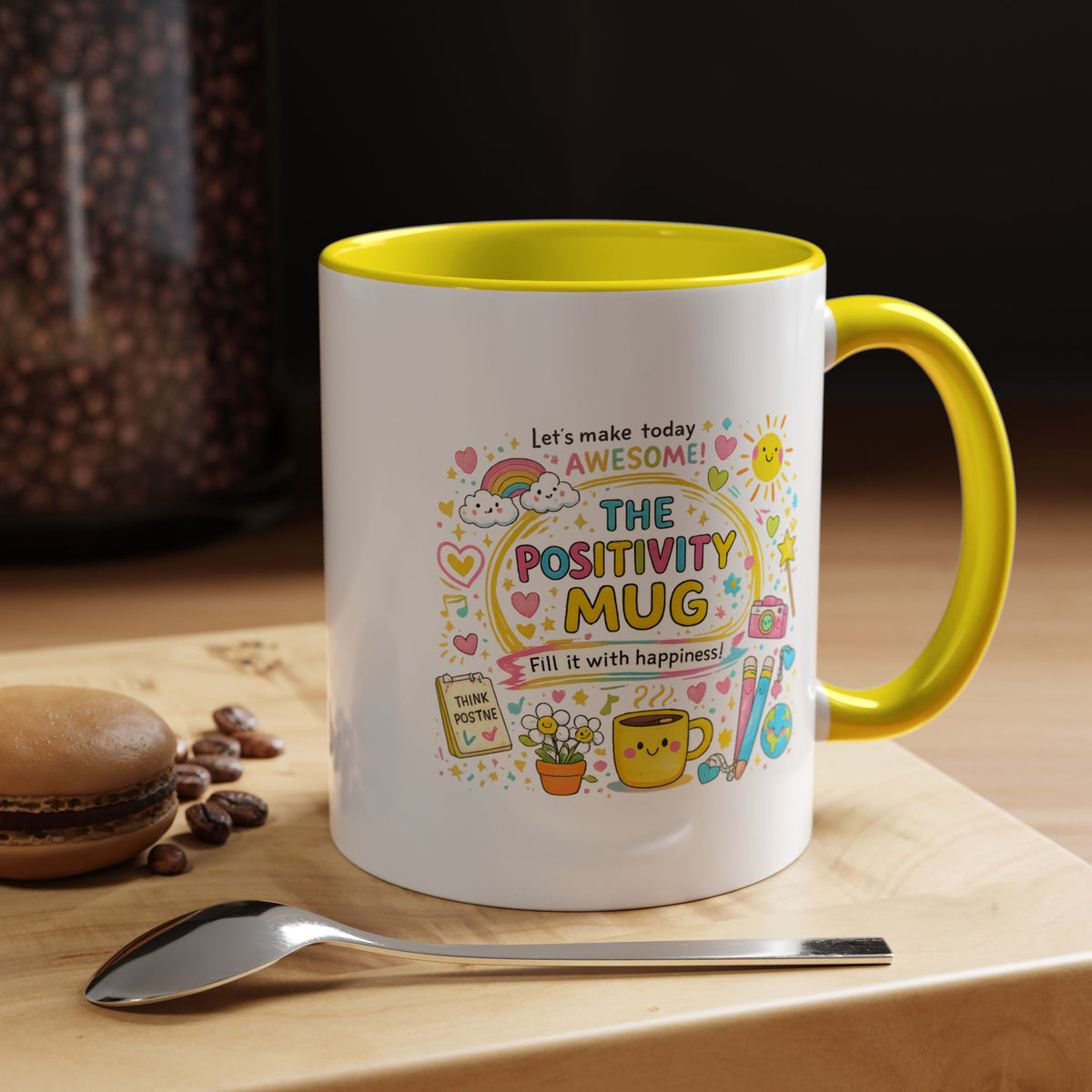 The Positivity Mug, Funny Sarcastic Office Gag Gift for Coworkers, Bright Doodle Aesthetic Motivational Coffee Cup with Orange Handle