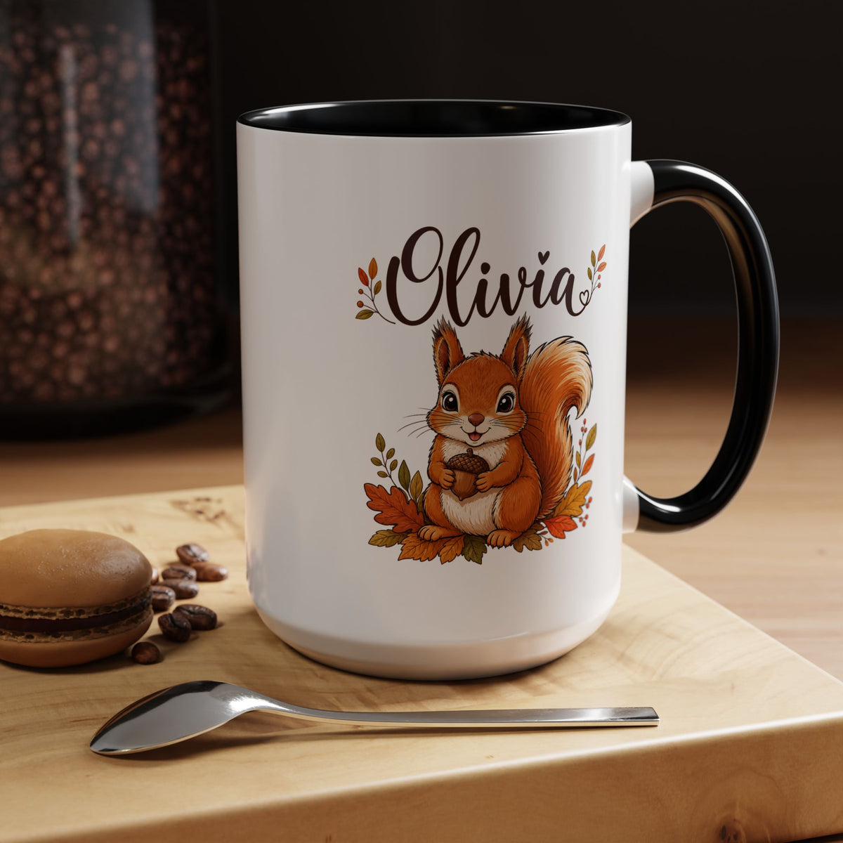 Personalized Squirrel Mug with Name, Autumn Woodland Coffee Cup, Cute Fall Animal Gift for Daughter, Nature Lover Birthday Keepsake