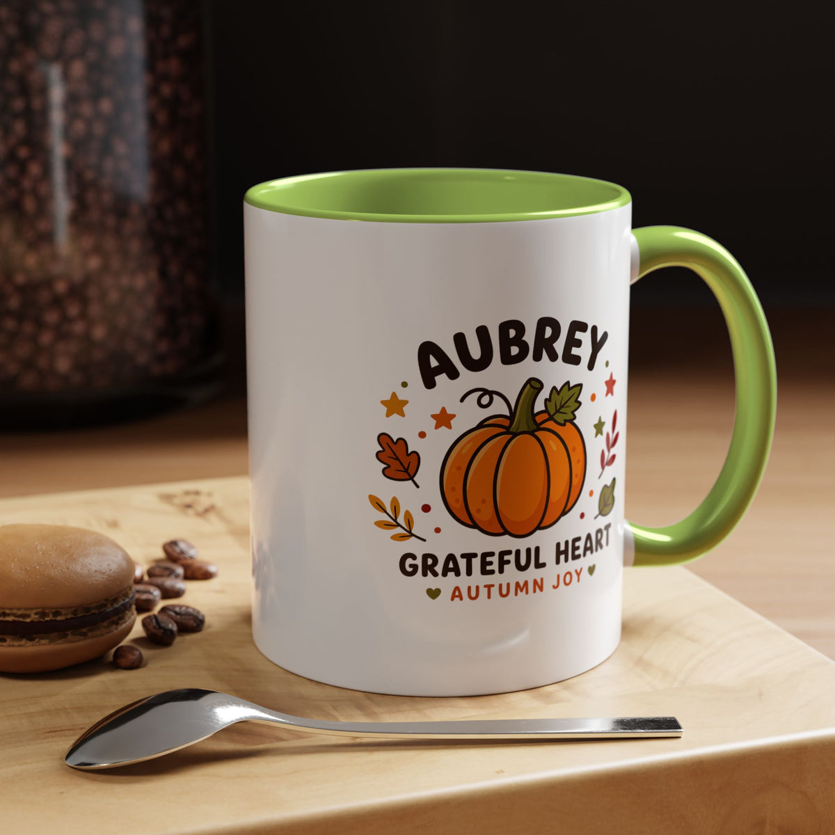 Personalized Pumpkin Name Mug, Custom Aubrey Fall Coffee Cup, Grateful Heart Autumn Gift for Her, Thanksgiving Birthday Keepsake Gift