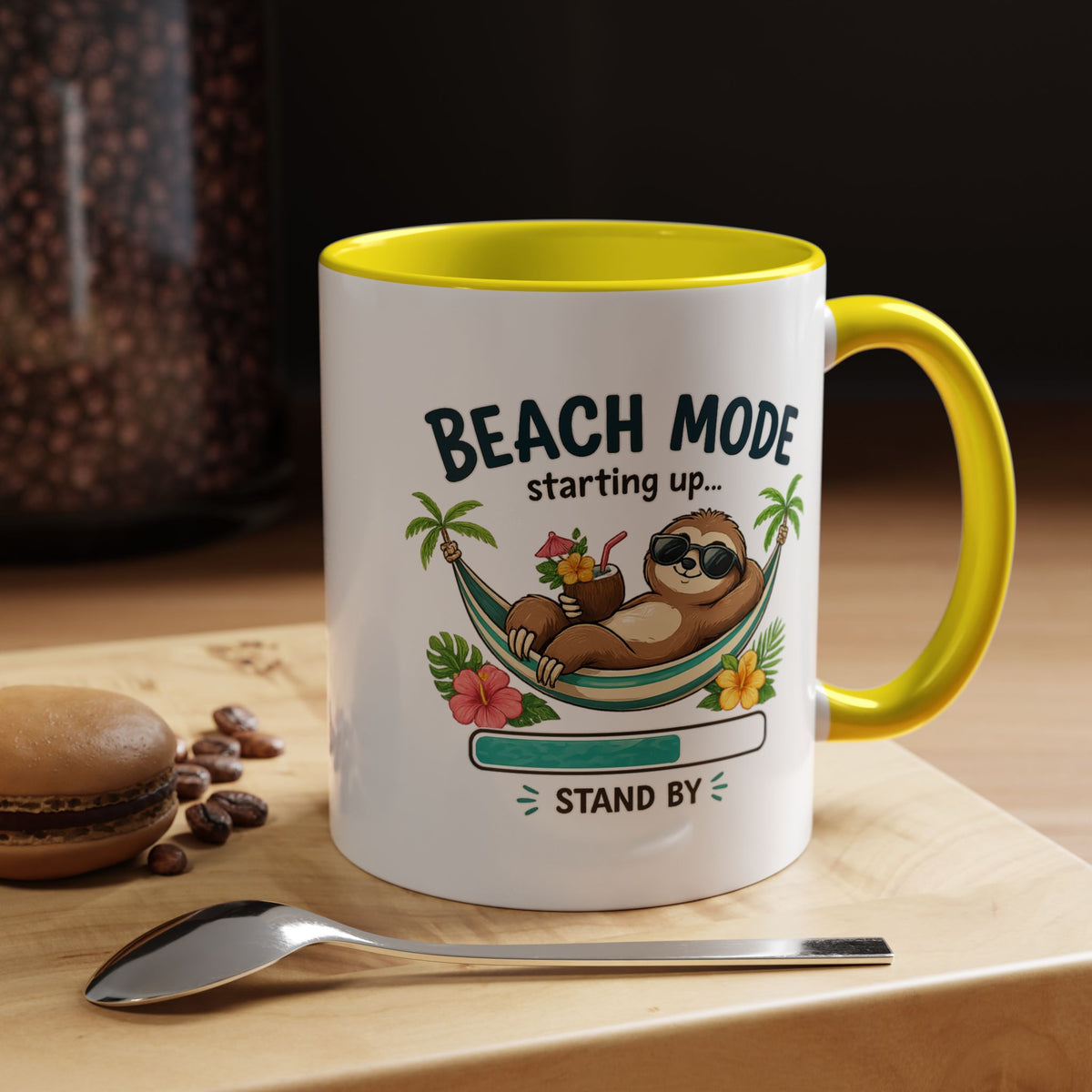 Beach Mode Sloth Coffee Mug, Funny Summer Vacation Gift for Sloth Lovers, Cute Tropical Hammock Ceramic Tea Cup with Blue Handle