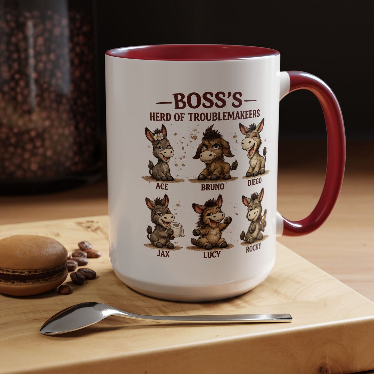 Boss's Guide to Troubleshooting Coffee Mug, Funny Office Joke Gift for Coworkers, Sarcastic Donkey Jackass Ceramic Tea Cup with Dark Blue Handle