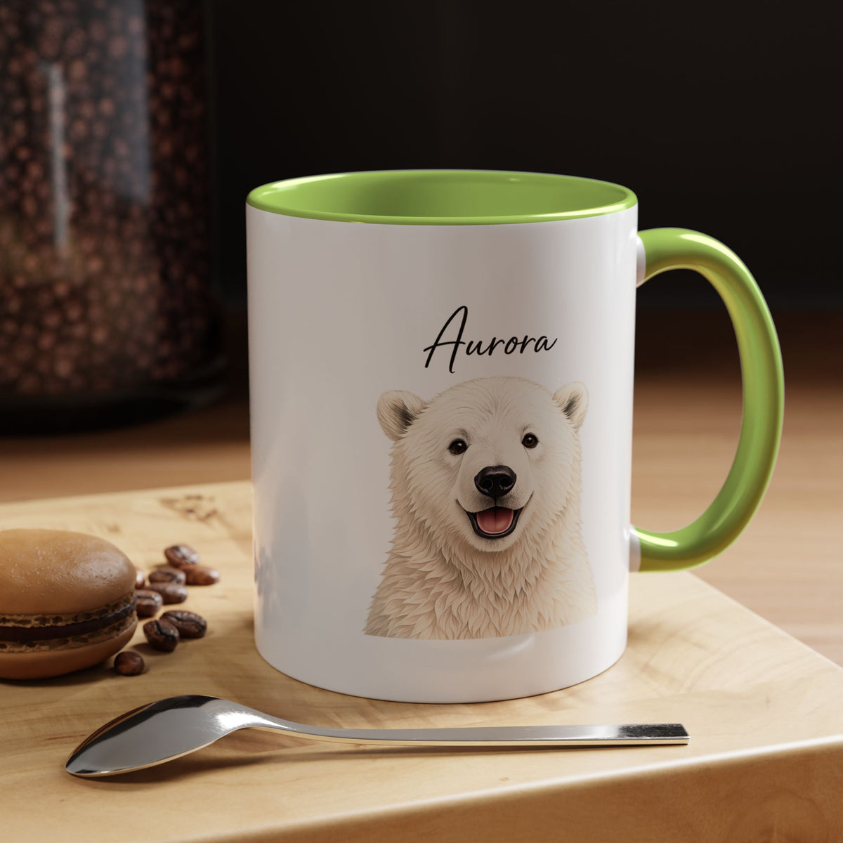 Custom Polar Bear Coffee Mug with Name, Personalized Arctic Animal Gift for Kids, Cute Winter Holiday Ceramic Tea Cup with Orange Handle