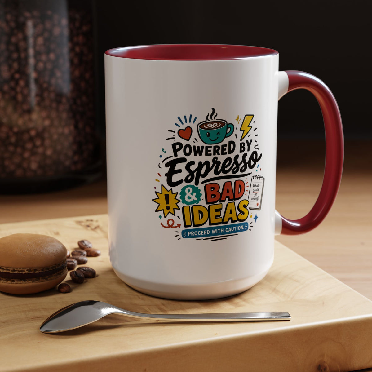 Powered by Espresso Mug, Funny Coffee Lover Cup, Bad Ideas Quote Gift for Coworker, Caffeine Addict Present, Office Humor Drinkware