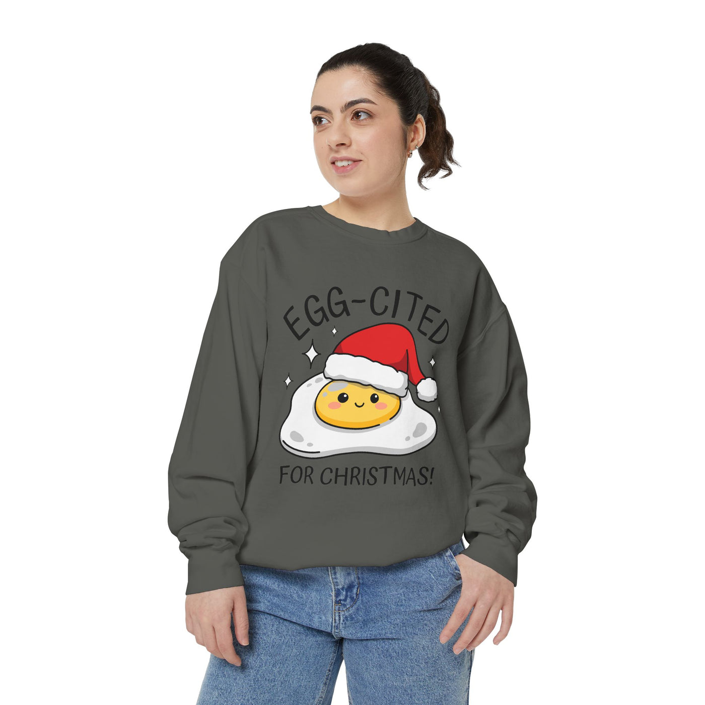 Egg-Cited for Christmas Sweatshirt, Funny Fried Egg Crewneck, Cute Food Pun Holiday Pullover, Christmas Breakfast Gift for Brunch Lover