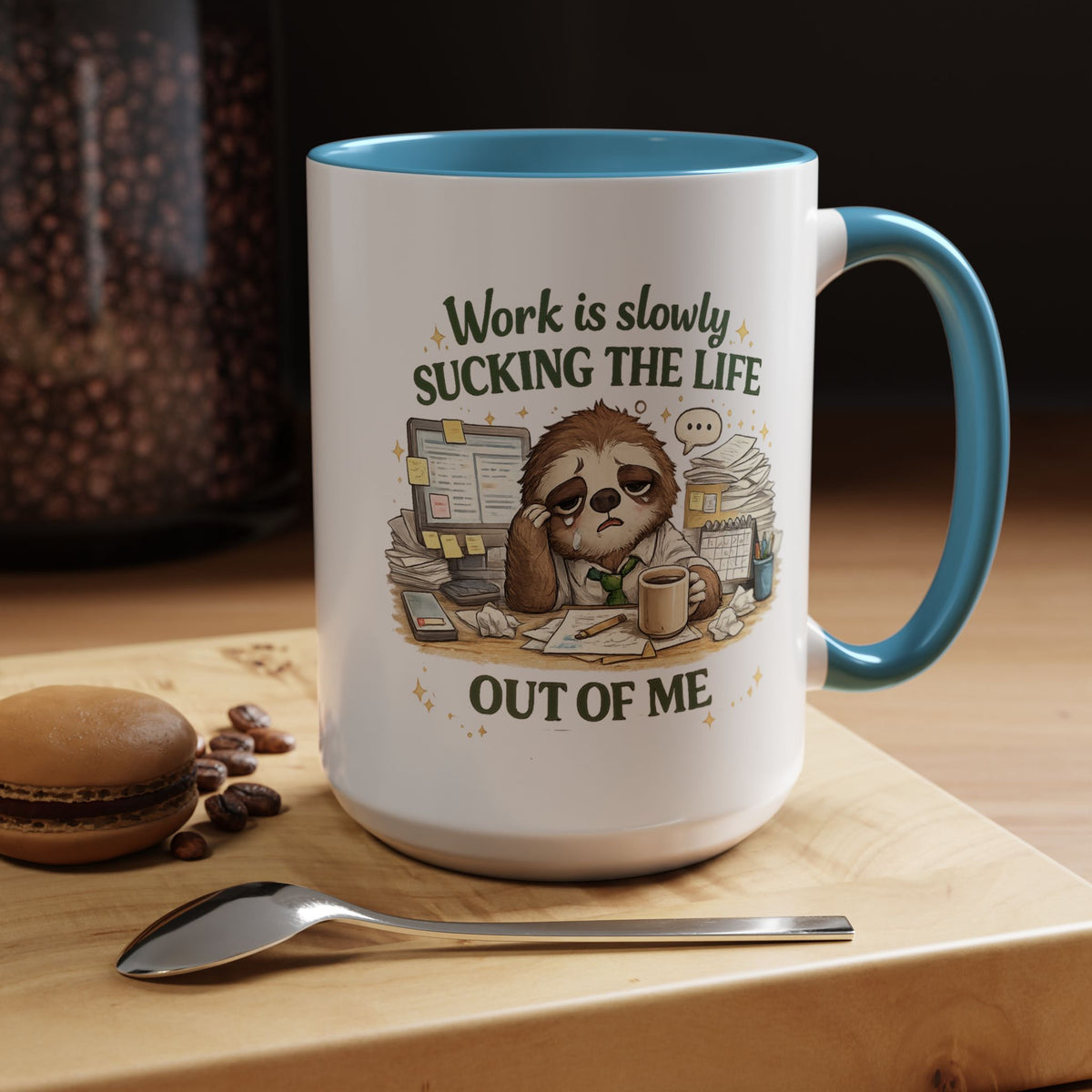 Work Is Slowly Sucking The Life Out Of Me Coffee Mug, Funny Sloth Office Joke Gift for Coworkers, Sarcastic Ceramic Tea Cup with Black Handle