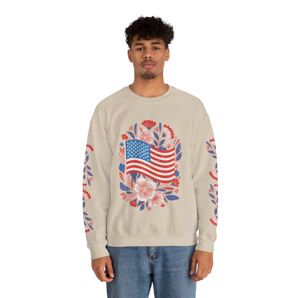 Floral American Flag Sweatshirt, Patriotic USA Pullover, Red White Blue Flower Top, Fourth of July Outfit, Americana Gift for Women