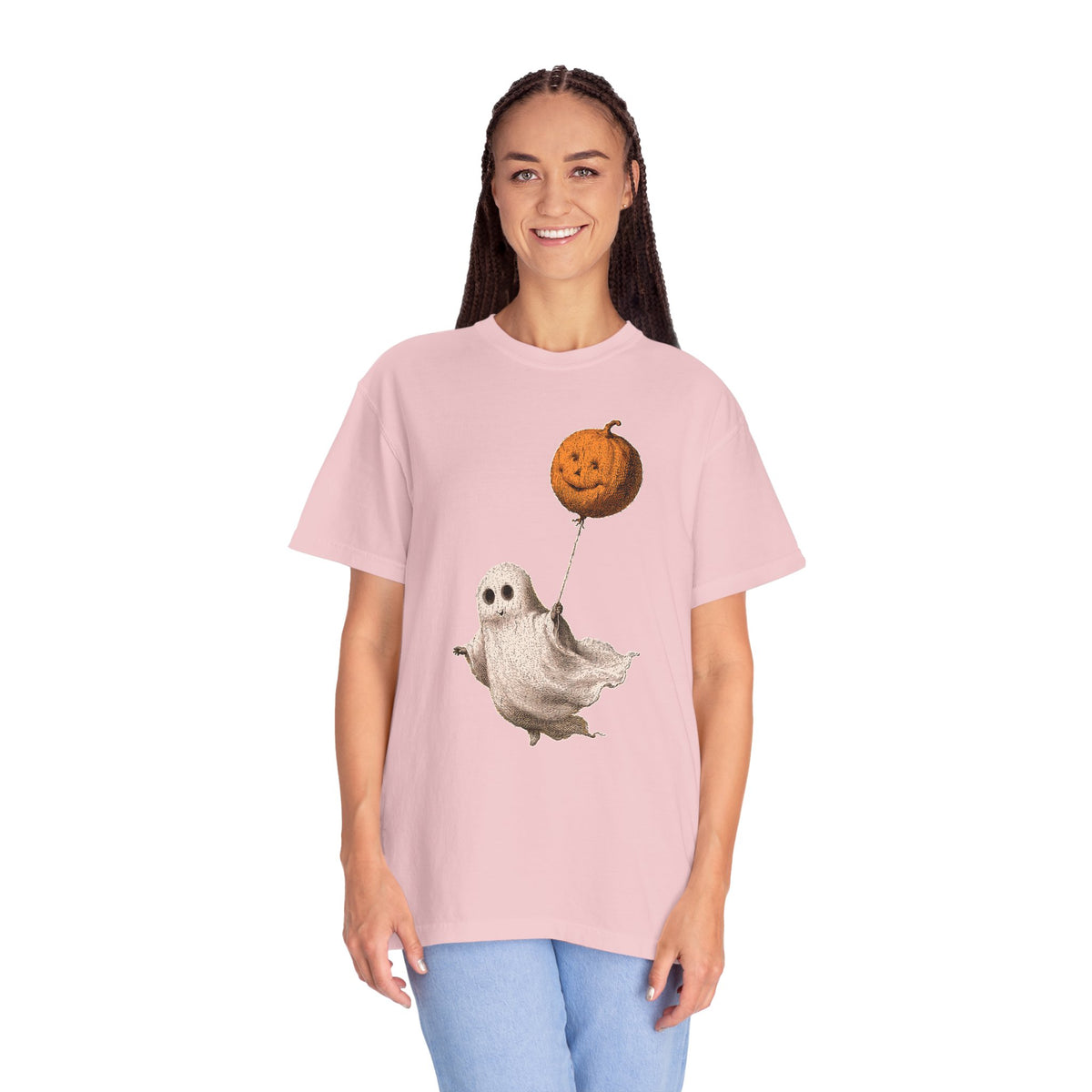 Cute Ghost Halloween Shirt, Pumpkin Balloon Graphic Tee, Vintage Spooky Season Gift for Women, Cozy October Fall Outfit for Ghost Lovers