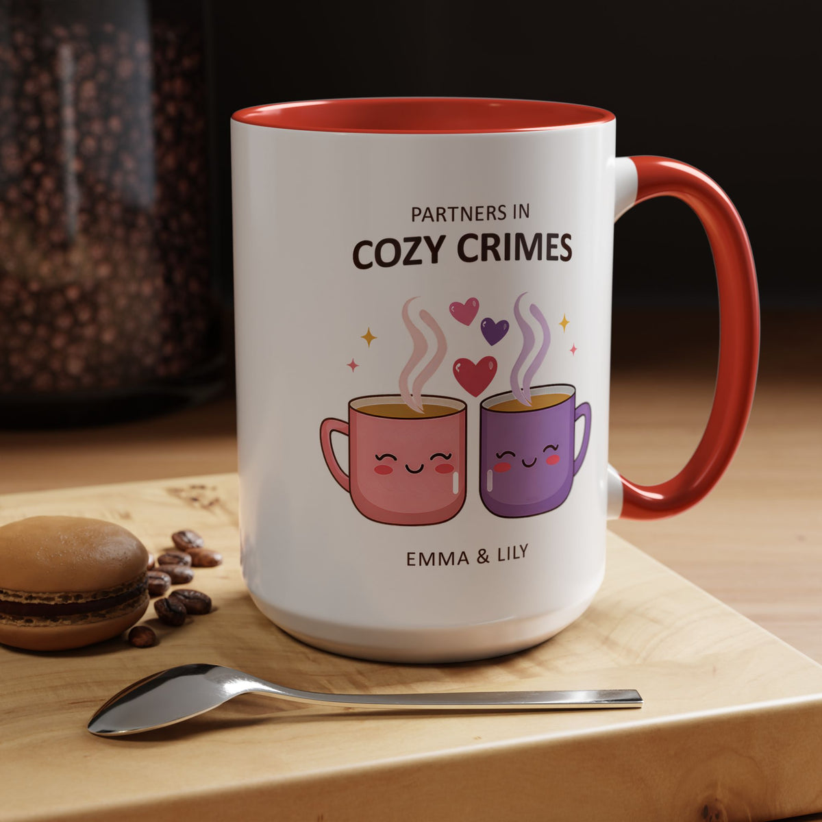 Partners in Cozy Crimes Mug, Personalized Best Friend Coffee Mug, Custom Name Friendship Gift for Women