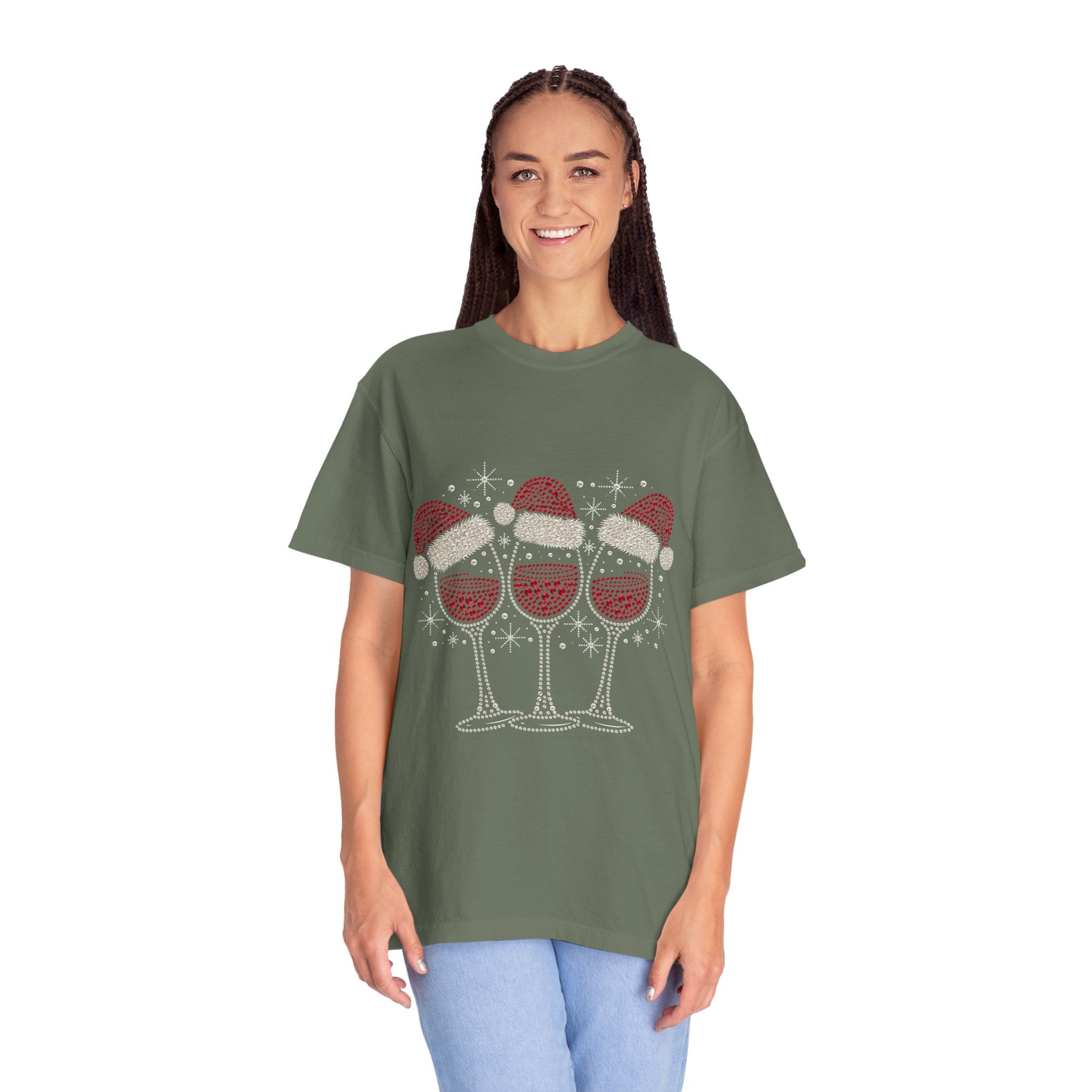 Christmas Wine Glass Shirt, Rhinestone Style Santa Hat T-Shirt, Sparkly Holiday Party Tee, Gift for Wine Lover or Girls Christmas Night