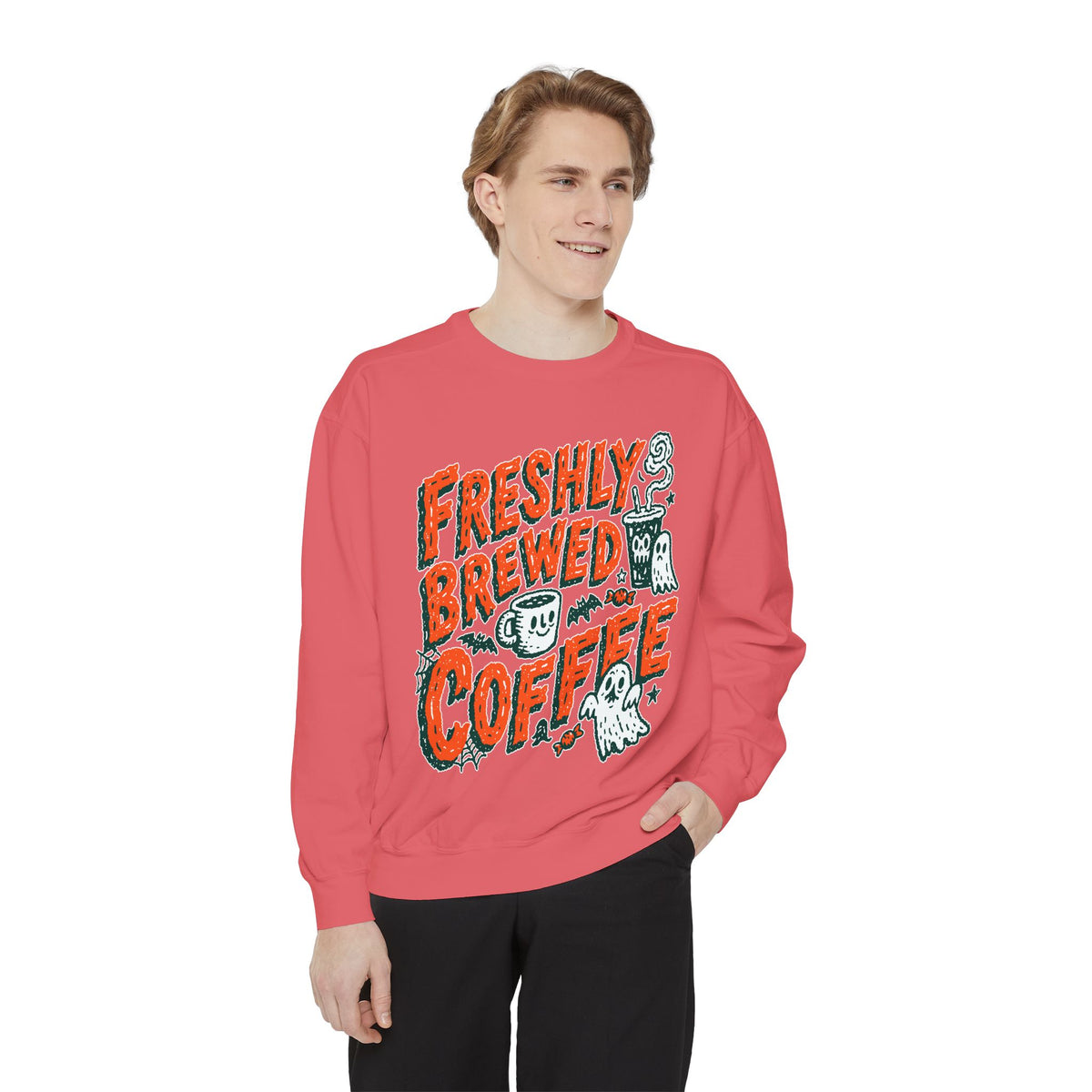 Coffee Lover Halloween Sweatshirt, Freshly Brewed Coffee Ghost Pullover, Cute Spooky Season Gift for Barista and Caffeine Fan, Gift for Her