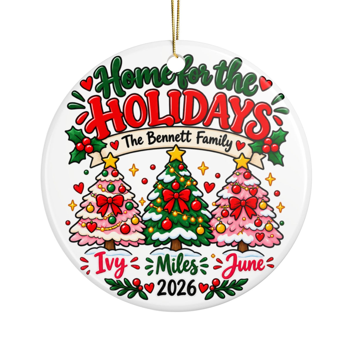 Personalized Family Christmas Ornament 2026, Custom Surname and Three Names with Pink and Green Trees, Home for the Holidays Keepsake Gift