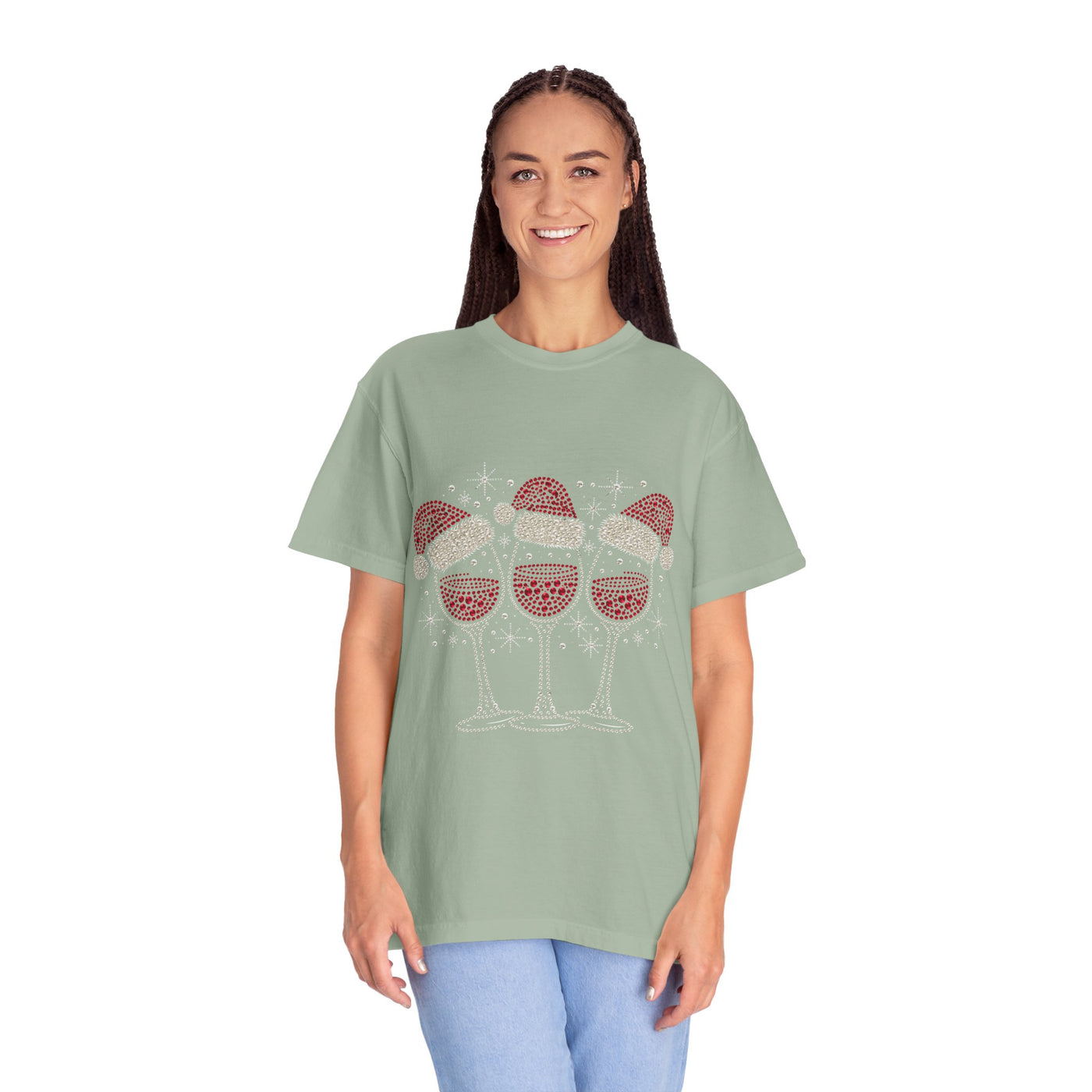 Christmas Wine Glass Shirt, Rhinestone Style Santa Hat T-Shirt, Sparkly Holiday Party Tee, Gift for Wine Lover or Girls Christmas Night