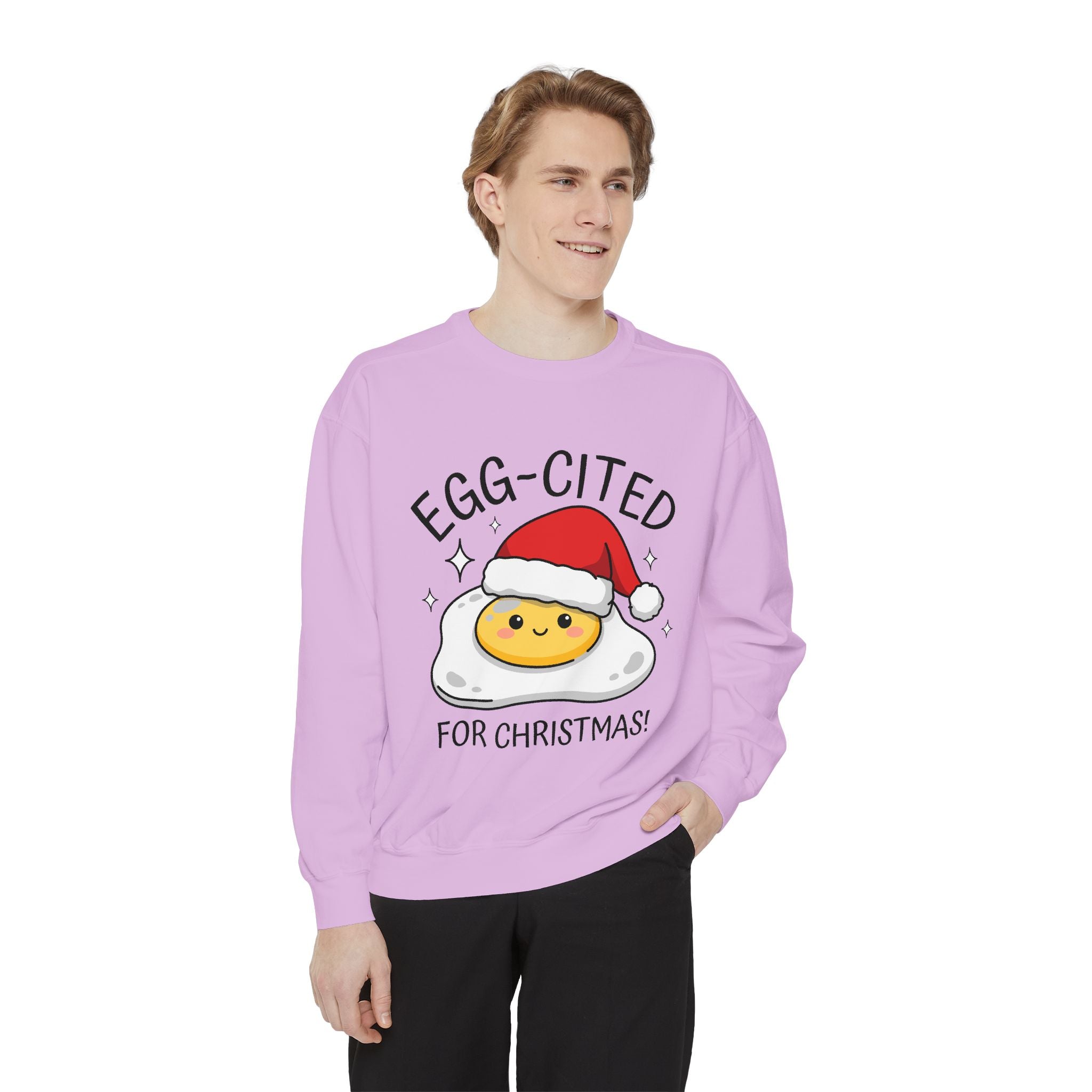 Egg-Cited for Christmas Sweatshirt, Funny Fried Egg Crewneck, Cute Food Pun Holiday Pullover, Christmas Breakfast Gift for Brunch Lover