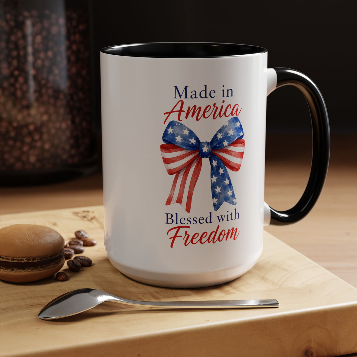 Made in America Blessed with Freedom Mug, Patriotic American Flag Bow Coffee Mug, USA Pride Gift for Women, Fourth of July Cup