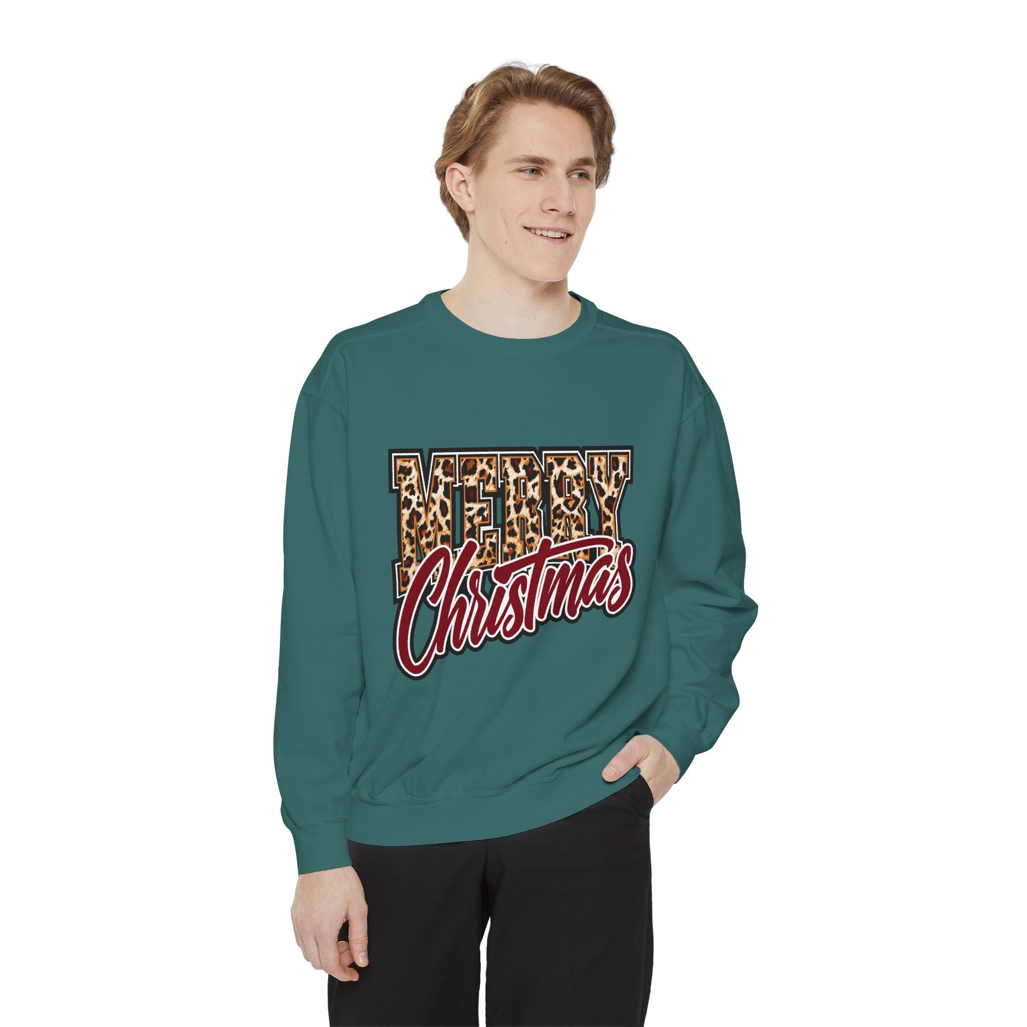 Merry Christmas Leopard Print Sweatshirt, Trendy Holiday Crewneck, Cheetah Lettering Pullover, Festive Gift for Women, Mom or Teacher