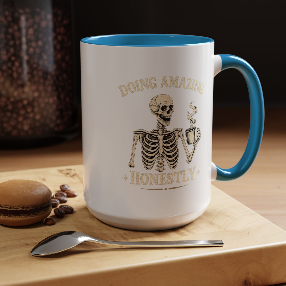 Doing Amazing Honestly Skeleton Coffee Mug, Funny Burnout Gift for Coworker, Sarcastic Office Coffee Cup, Tired but Thriving Mug