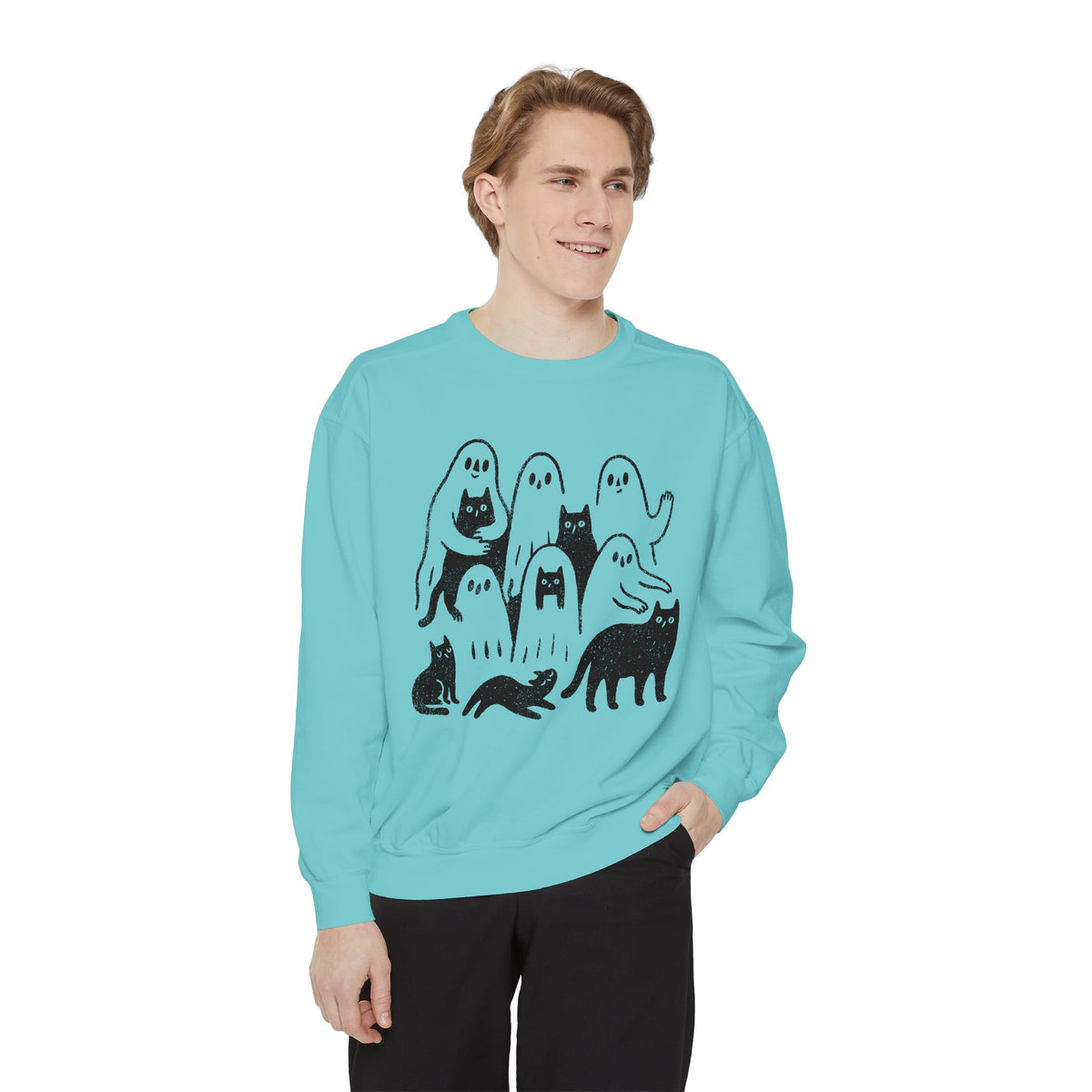 Ghost Cat Halloween Sweatshirt, Cute Spooky Cats and Ghosts Pullover, Cozy Pet Lover Gift, Minimal Black and White Fall Outfit for Women