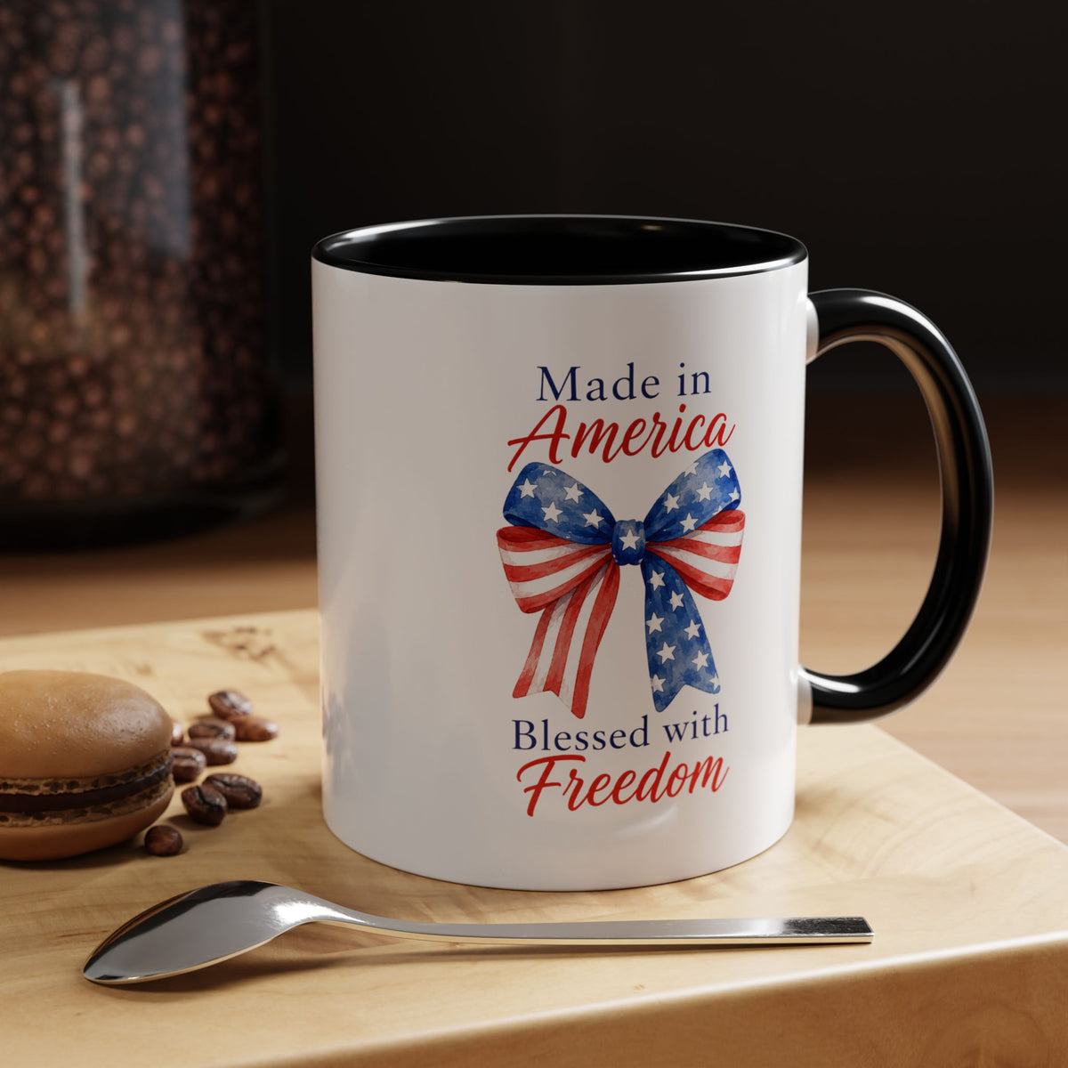 Made in America Blessed with Freedom Mug, Patriotic American Flag Bow Coffee Mug, USA Pride Gift for Women, Fourth of July Cup