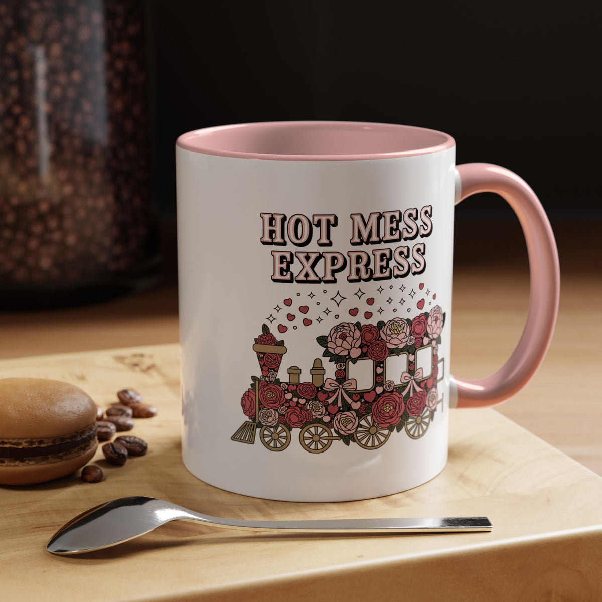 Hot Mess Express Coffee Mug, Pink Floral Train with Bows and Hearts, Funny Birthday Gift for a Busy Mom or Best Friend's Daily Coffee Break