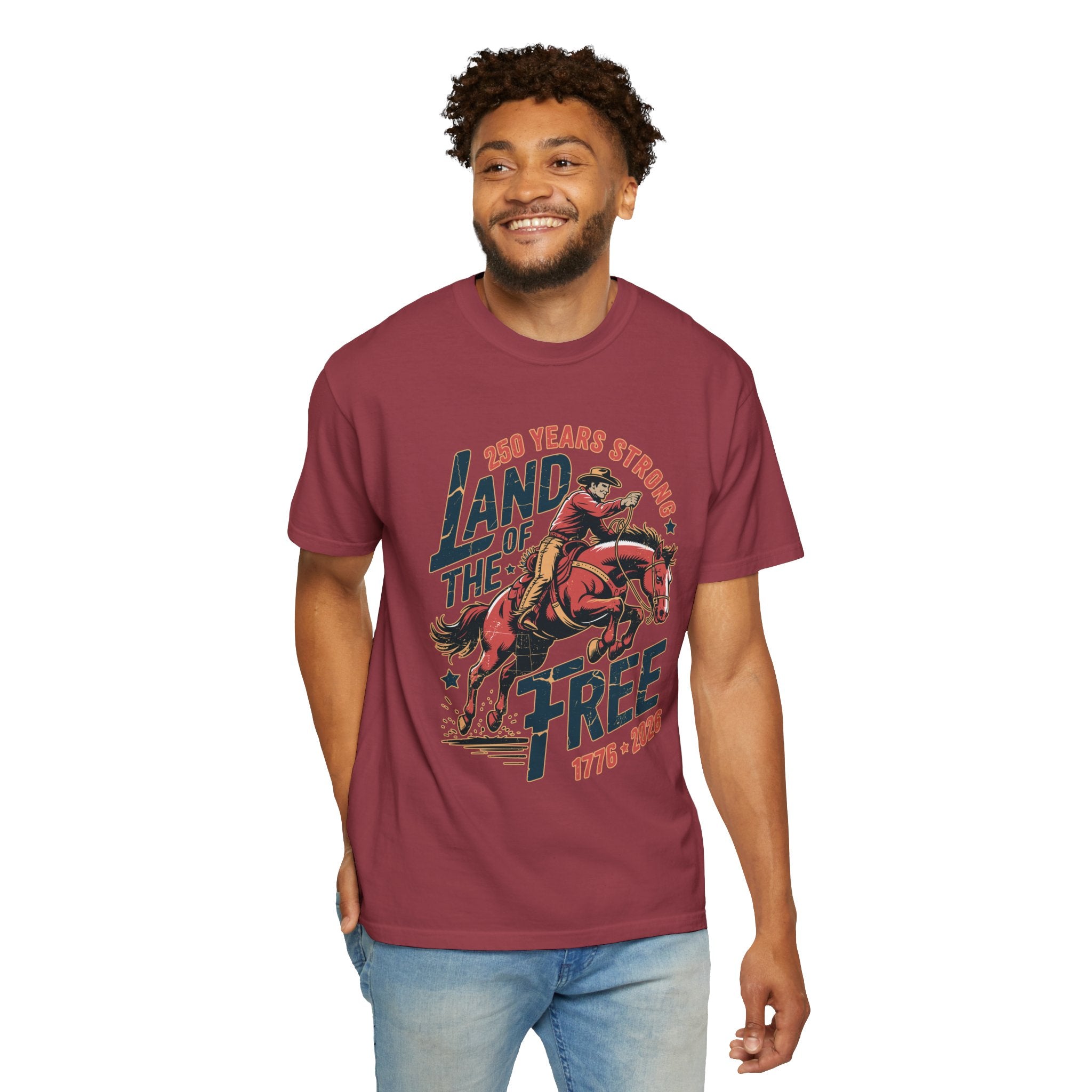 Land of the Free 250 Years Strong Comfort Colors Shirt, America 250th Anniversary Tee, Patriotic Cowboy Graphic Shirt, USA 1776-2026