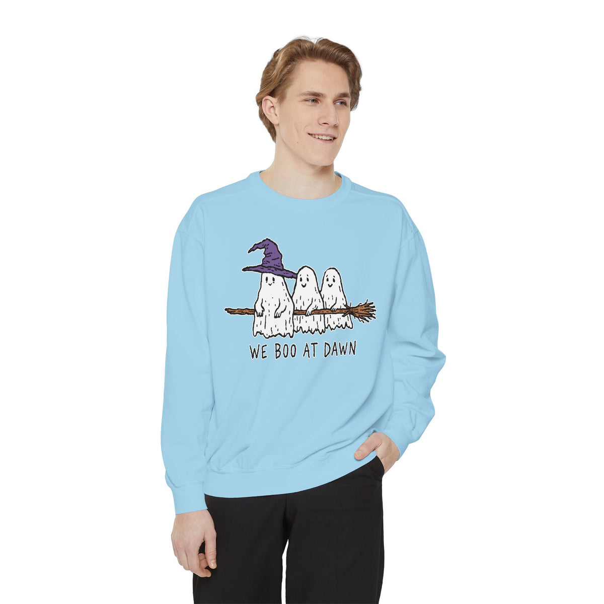 We Boo at Dawn Ghost Sweatshirt, Funny Halloween Witch Broom Pullover, Cute Spooky Season Gift for Friends and Ghost Lovers, October Outfit