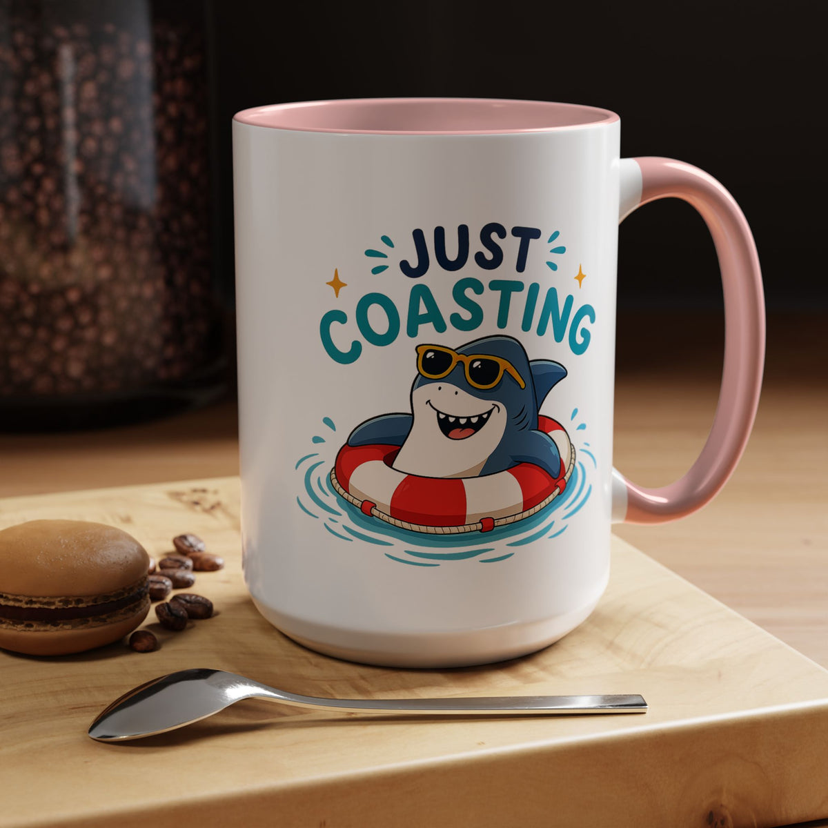 Funny Shark Coffee Mug, Just Coasting Shark Mug, Cute Beach Lover Coffee Cup, Relaxing Summer Vacation Gift for Shark Fans