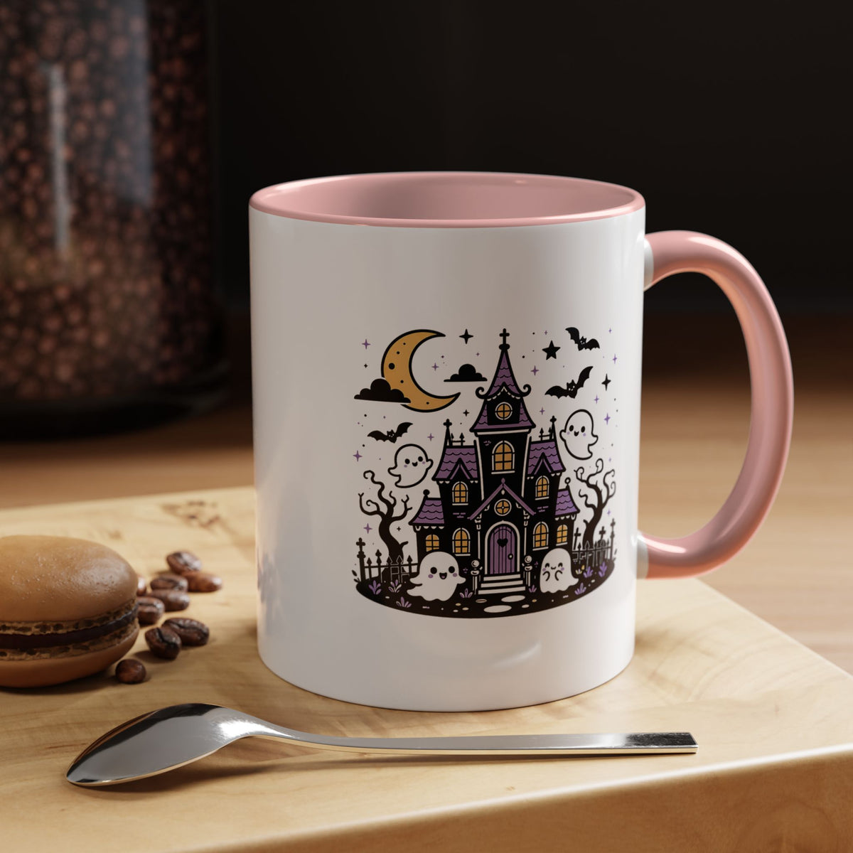 Cute Haunted House Mug, Kawaii Ghost Halloween Coffee Cup, Spooky Season Gift for Her, Purple Witchy Decor, Cozy Fall Birthday Present