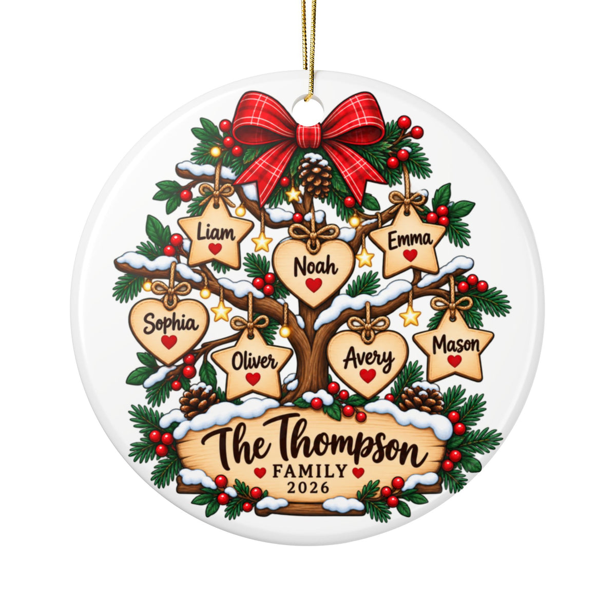 Personalized Family Tree Christmas Ornament 2026, Custom Names on Heart and Star Designs, Holiday Keepsake Gift for Parents and Grandparents