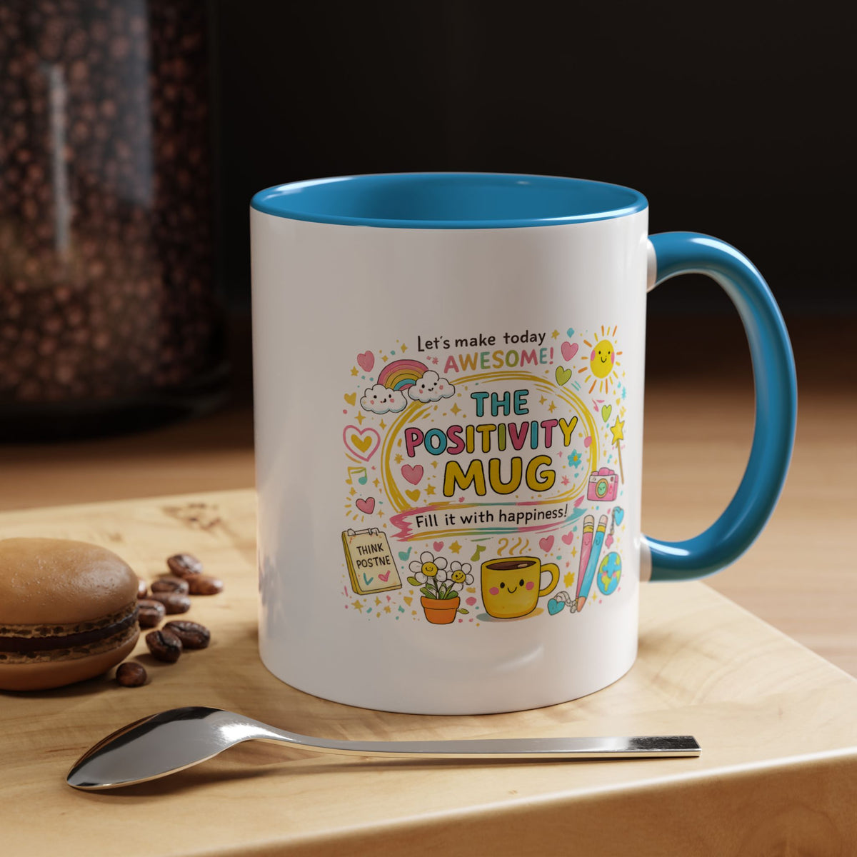 The Positivity Mug, Funny Sarcastic Office Gag Gift for Coworkers, Bright Doodle Aesthetic Motivational Coffee Cup with Orange Handle