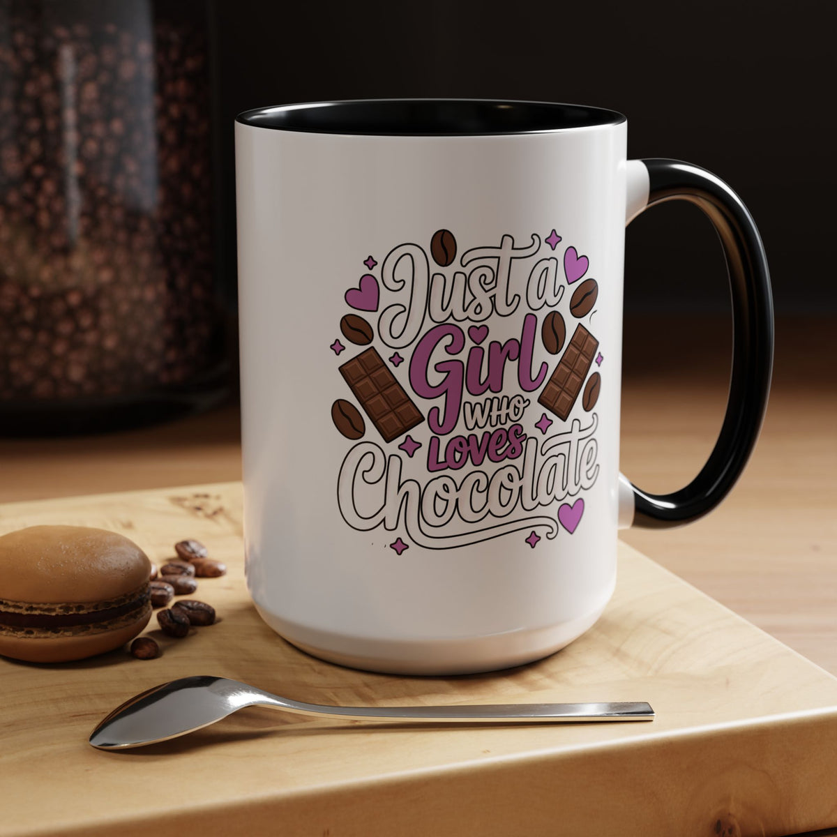 Chocolate Lover Coffee Mug, Just a Girl Who Loves Chocolate Quote, Purple Hearts and Cocoa Design, Sweet Birthday Gift for a Best Friend