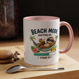Beach Mode Sloth Coffee Mug, Funny Summer Vacation Gift for Sloth Lovers, Cute Tropical Hammock Ceramic Tea Cup with Blue Handle