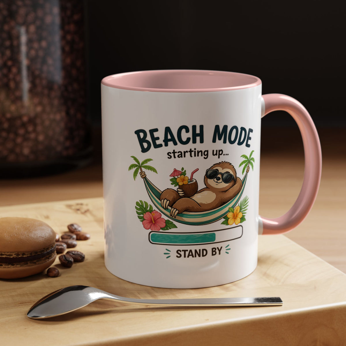 Beach Mode Sloth Coffee Mug, Funny Summer Vacation Gift for Sloth Lovers, Cute Tropical Hammock Ceramic Tea Cup with Blue Handle