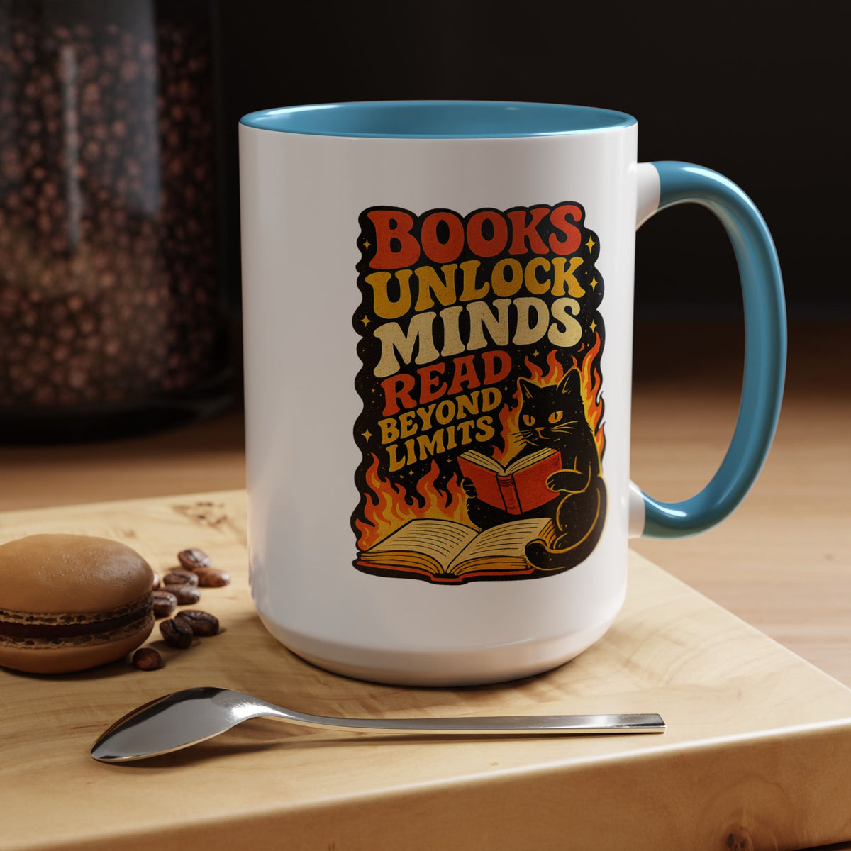 Book Lover Cat Coffee Mug, Reading Cat Mug for Bookworms, Literary Gift for Readers, Librarian Teacher Cup, Books Unlock Minds