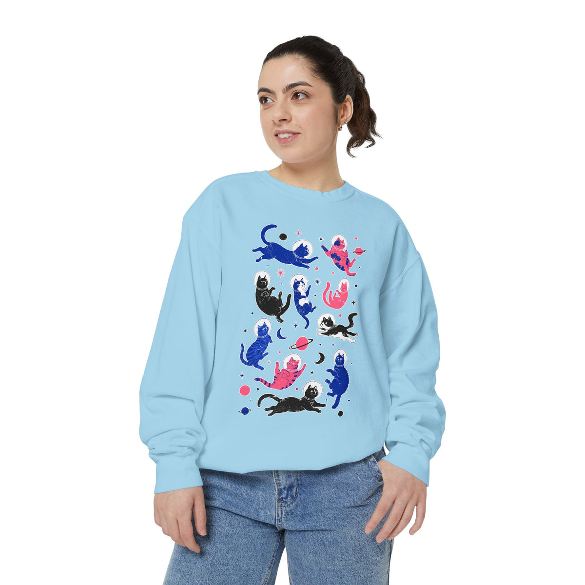 Space Cat Comfort Colors Sweatshirt, Astronaut Cat Graphic Crewneck, Galaxy Cat Lover Gift, Cute Cosmic Cat Sweatshirt