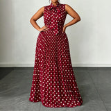 Polka Dot Sleeveless Tie Waist Midi Dress