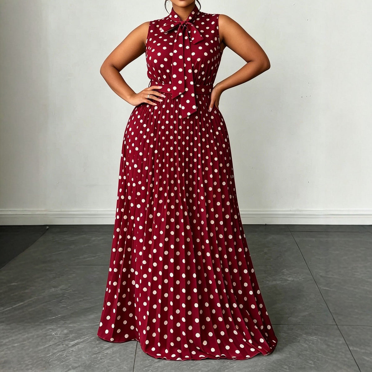 Polka Dot Sleeveless Tie Waist Midi Dress