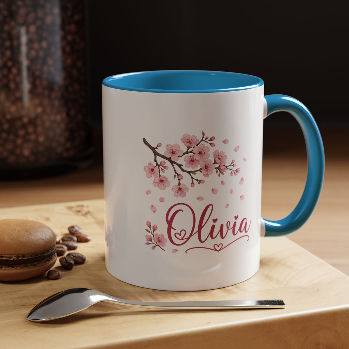Personalized Name Mug, Pink Cherry Blossom Black Accent Coffee Cup, Custom Name Gift for Her, Girl, Daughter, Birthday or Nursery Keepsake