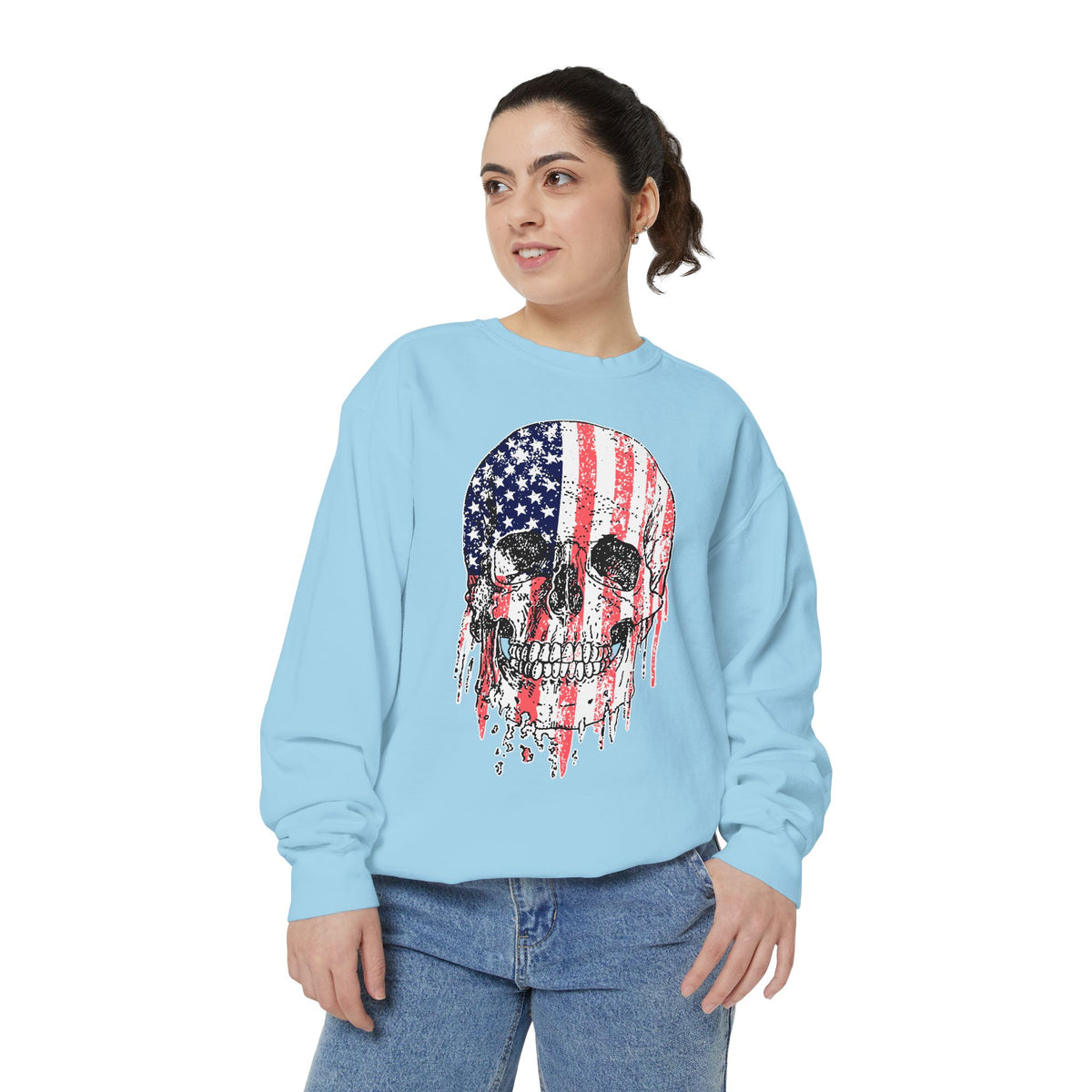 American Flag Skull Sweatshirt, Distressed Patriotic Graphic for Biker Outfits, Fourth of July Style, Birthday Gift for Skull Art Lovers
