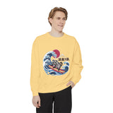 Japanese Surfing Raccoon Sweatshirt, Retro Wave Graphic Crewneck, Funny Animal Surfer Gift, Japan Inspired Beachwear Cozy Pullover