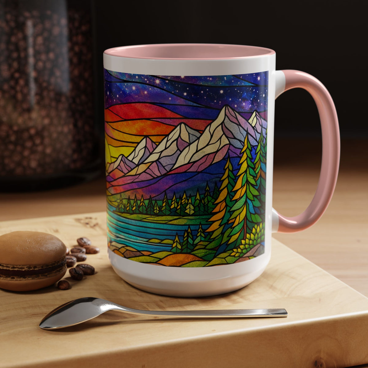 Colorful Sunset Landscape Mug, Stained Glass Nature Coffee Mug, Mountain Lake Art Mug, Outdoor Lover Gift, Scenic Ceramic Cup
