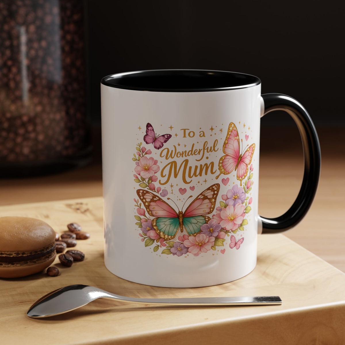 To a Wonderful Mum Coffee Mug, Cute Butterfly Birthday Gift for Mother, Floral Pastel Watercolor Ceramic Tea Cup with Pink Handle, Mum Gift