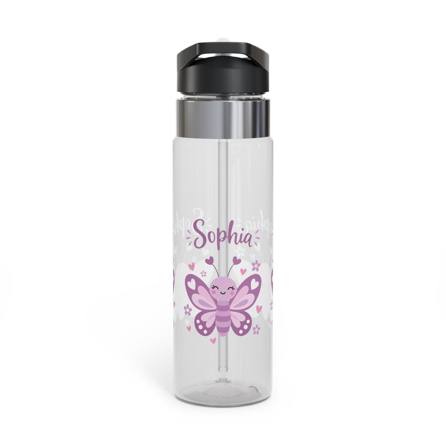 A clear water bottle with a black flip-top lid, stainless band and straw, printed with the sample name "Sophia" in purple above a smiling purple and pink cartoon butterfly with small hearts.