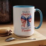 Made in America Blessed with Freedom Mug, Patriotic American Flag Bow Coffee Mug, USA Pride Gift for Women, Fourth of July Cup