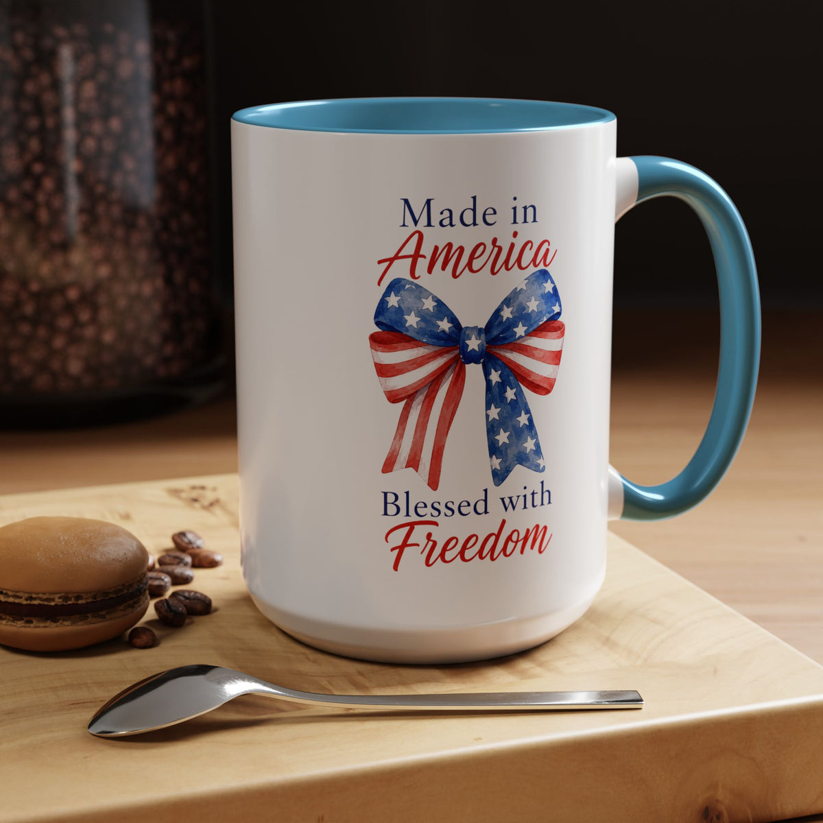 Made in America Blessed with Freedom Mug, Patriotic American Flag Bow Coffee Mug, USA Pride Gift for Women, Fourth of July Cup