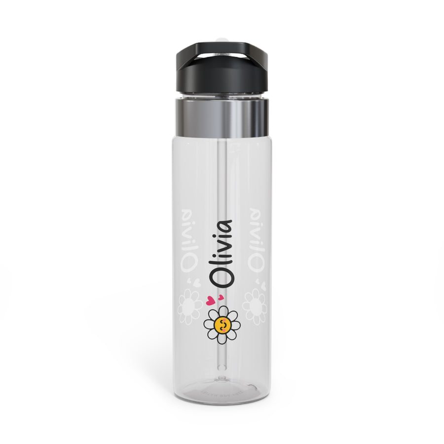 A clear water bottle with a black flip-top lid, stainless band and straw, printed with a smiling yellow and white daisy, small pink hearts and the sample name "Olivia" in black lettering.