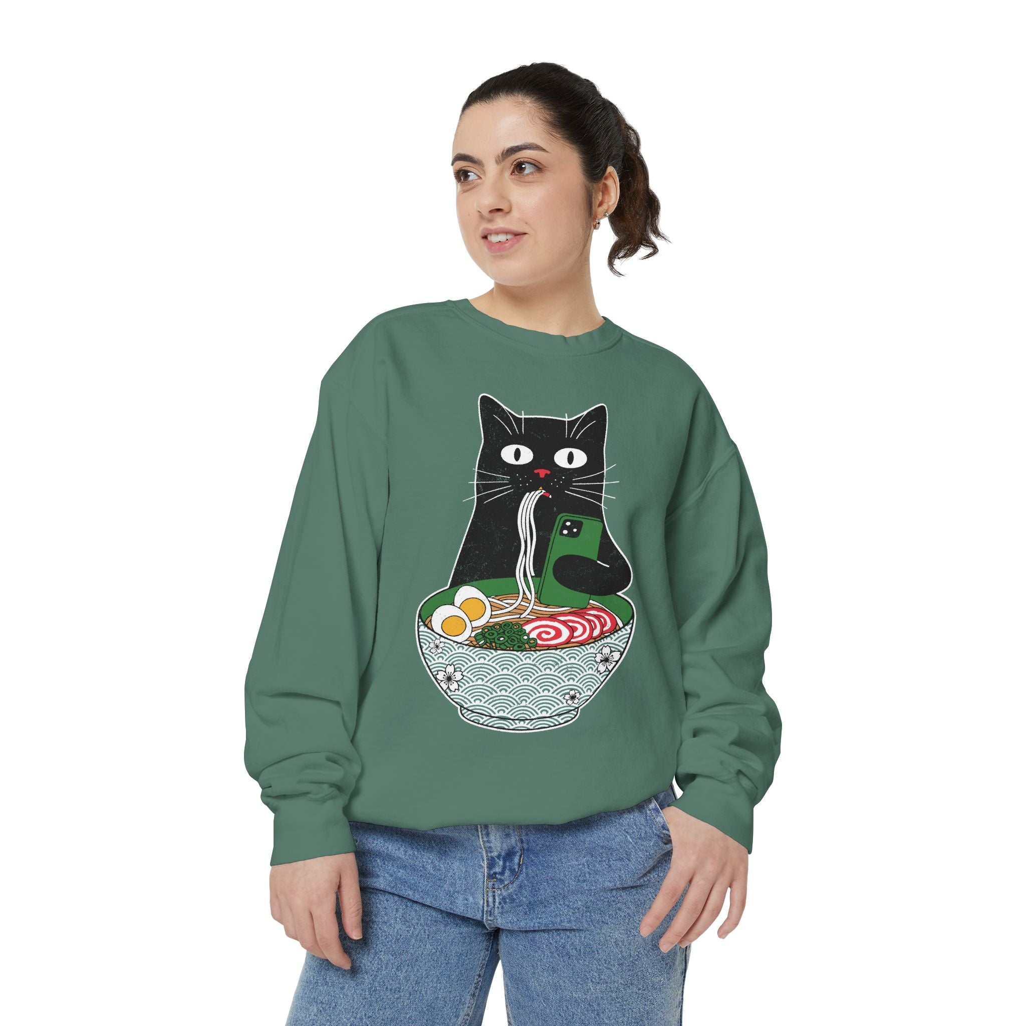 Ramen Cat Comfort Colors Sweatshirt, Funny Cat Eating Noodles Shirt, Cat Lover Graphic Crewneck, Foodie Gift Idea